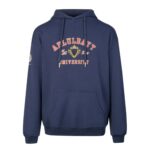 Front view of Ahlulbayt University Hoodie in navy featuring varsity-inspired collegiate artwork