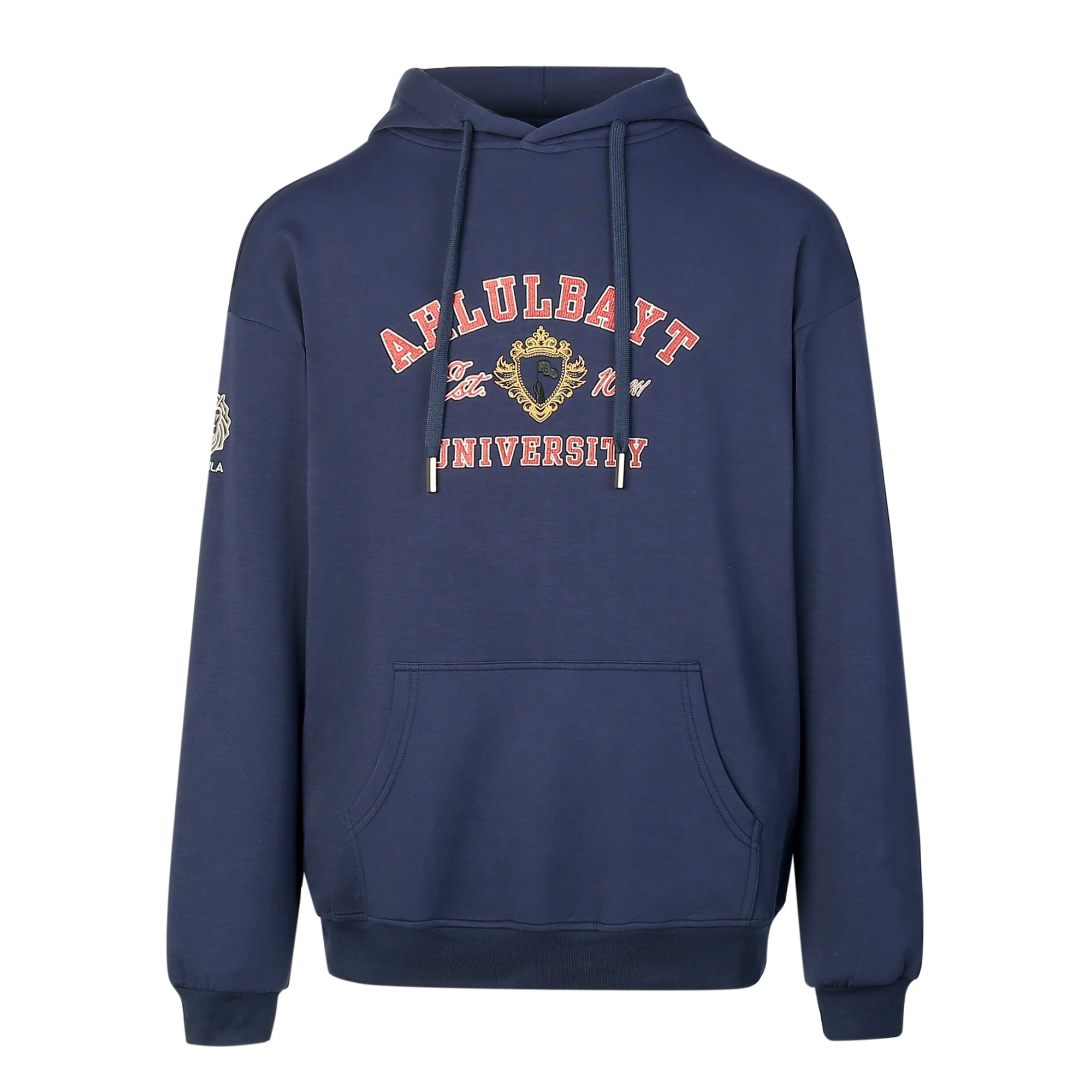Ahlulbayt University Hoodie - Navy Front Front view of Ahlulbayt University Hoodie in navy featuring varsity-inspired collegiate artwork