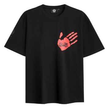 Marked by Matam oversized black T-shirt front view featuring red handprint artwork with Hussain calligraphy
