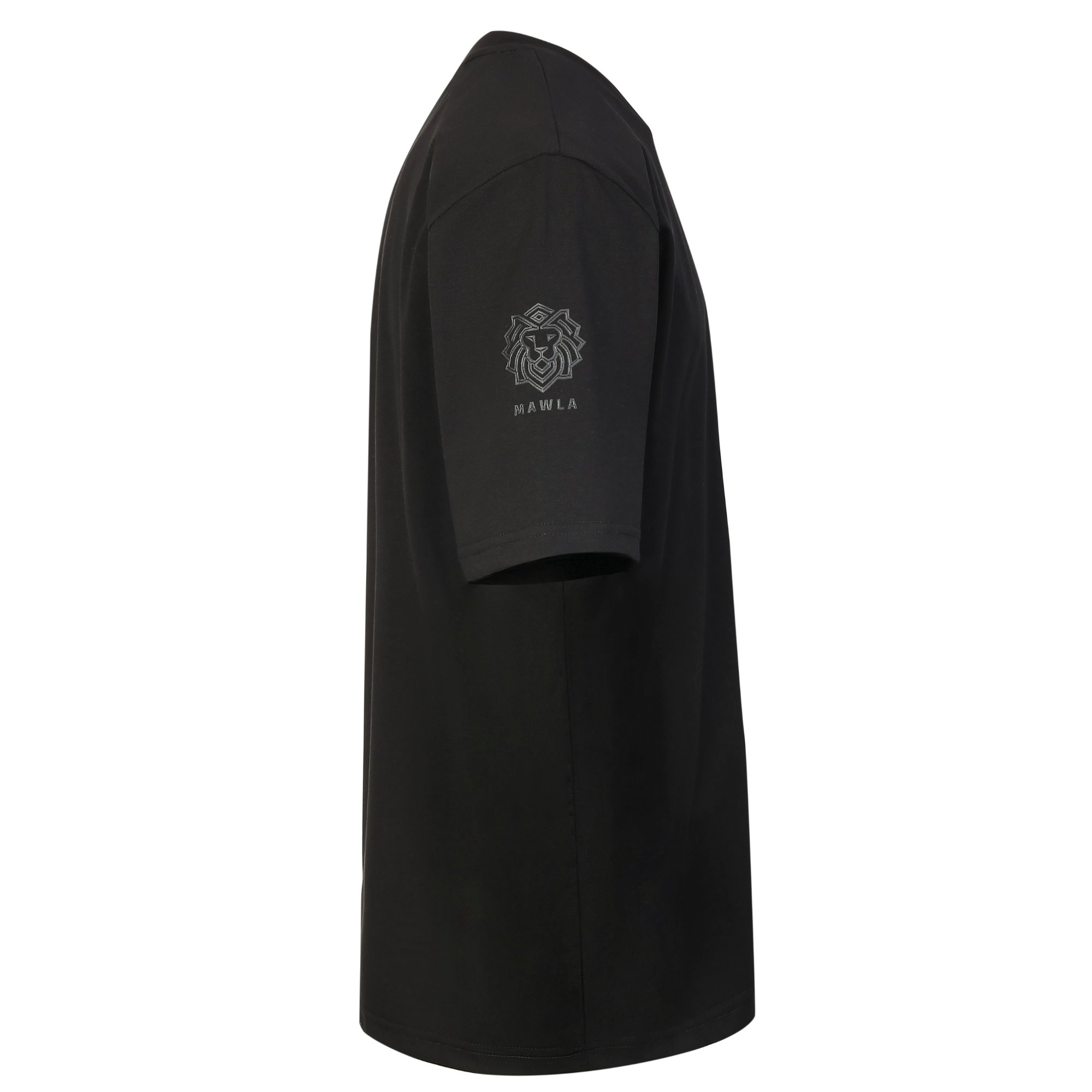 Marked By Matam T-shirt Side Side view of Marked by Matam oversized black T-shirt with MAWLA sleeve logo detail