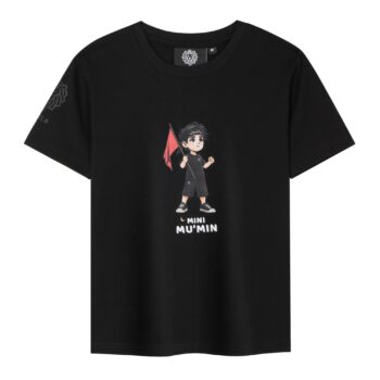 Mini Mu'min kids black T-shirt featuring a cartoon child holding a red flag design