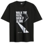 Front view of Path Of Conviction T-Shirt featuring “Walk The Path, Even If Alone” Imam Ali quote with lion artwork