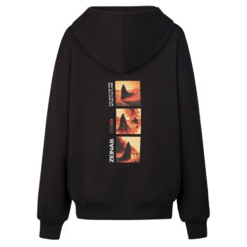 Back view of Voice of Zainab Hoodie featuring Zainab-inspired Karbala artwork and premium oversized fit