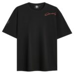 Ya Hussein II oversized black T-shirt front view with red Arabic يا حسين shoulder design and MAWLA sleeve logo