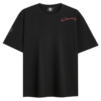 Ya Hussein II oversized black T-shirt front view with red Arabic يا حسين shoulder design and MAWLA sleeve logo