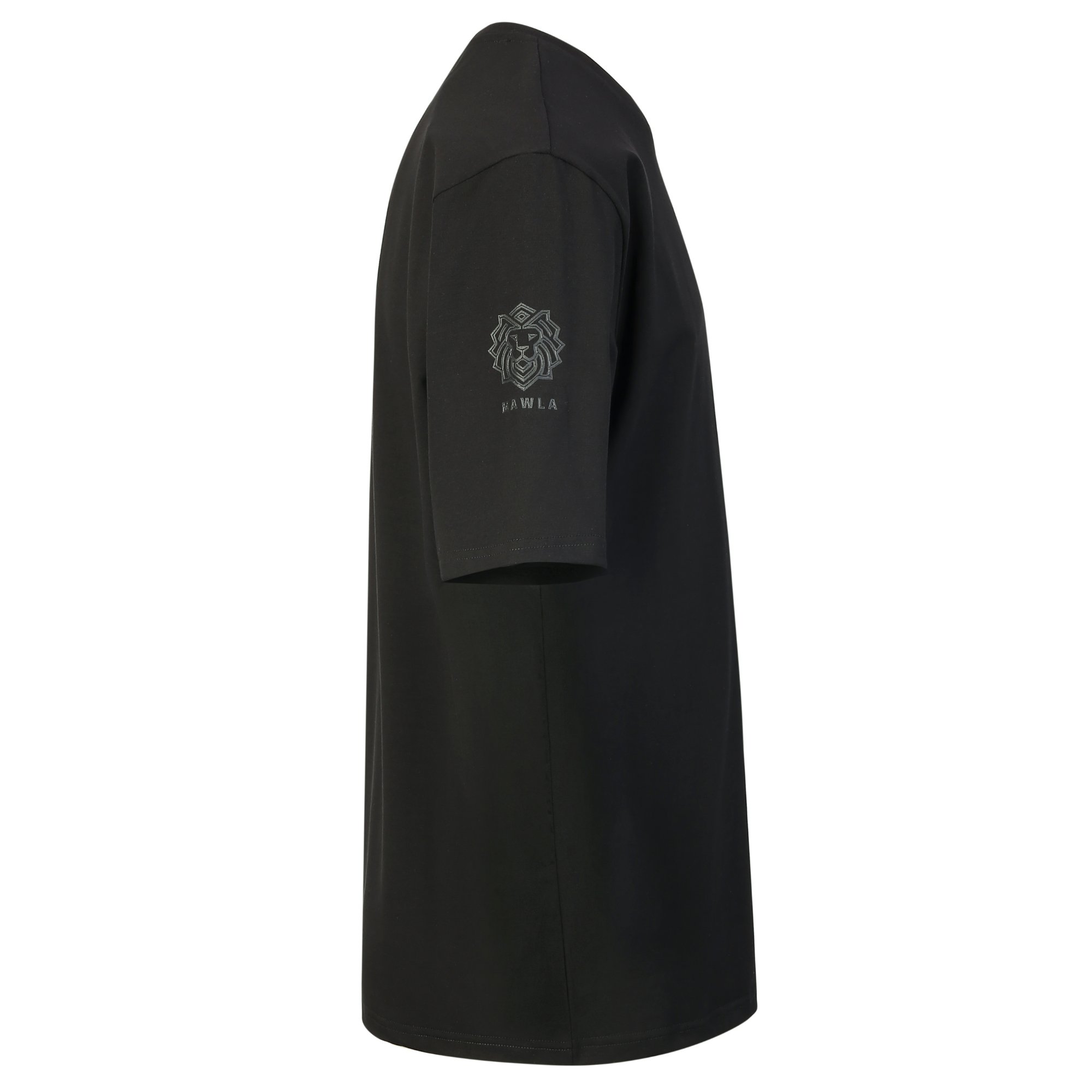Ya Hussein II T-shirt Side Side view of Ya Hussein II oversized black T-shirt with MAWLA sleeve logo detail