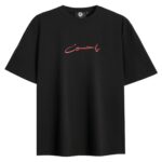 Front view of Ya Hussein T-Shirt featuring red Arabic calligraphy on black oversized tee