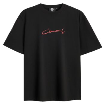Front view of Ya Hussein T-Shirt featuring red Arabic calligraphy on black oversized tee