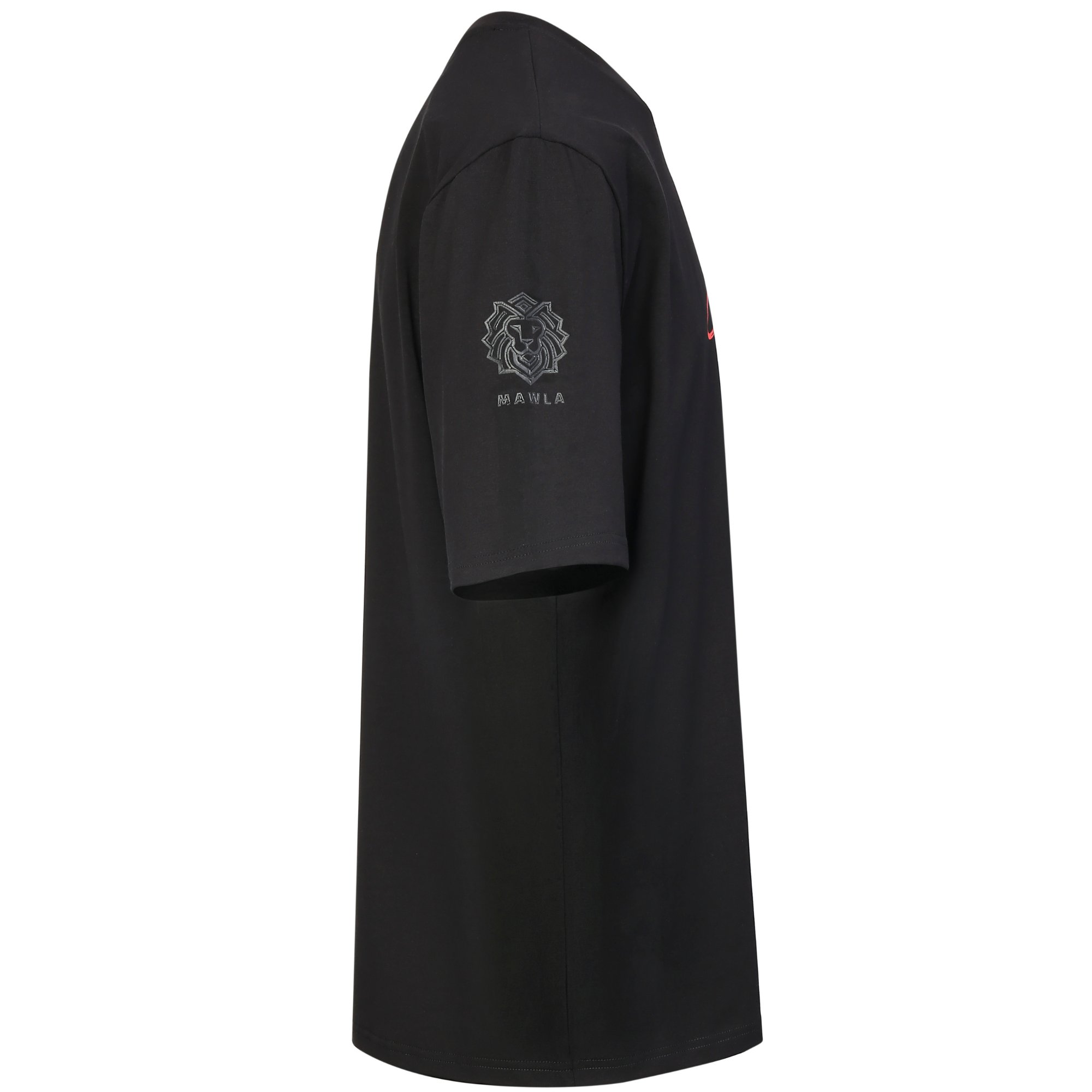 Ya Hussein T-shirt Side Side view of Ya Hussein oversized black T-Shirt with MAWLA sleeve logo detail