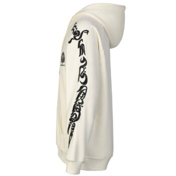 Zulfiqar Hoodie Ivory side view featuring Arabic sleeve artwork and MAWLA logo