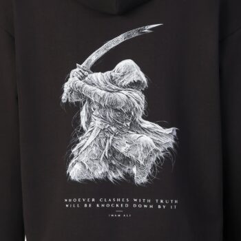 Close-up of Imam Ali (AS) inspired Zulfiqar Warrior artwork with raised Zulfiqar sword and quote design